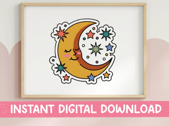 Kawaii Crescent Moon Stars Sticker for T‑Shirt Designs & Graphics
