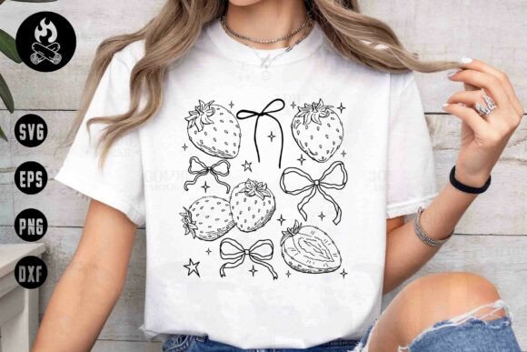 Strawberry Bow Line Art SVG Sublimation Graphics for T-Shirt Designs